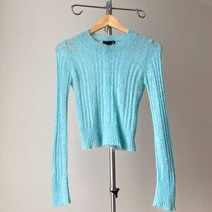 ❄️ Turquoise Blue Mohair Blend Thin Second Skin See Through Long Sleeve Sweater